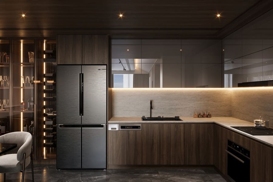 Dark walnut kitchen with integrated lighting