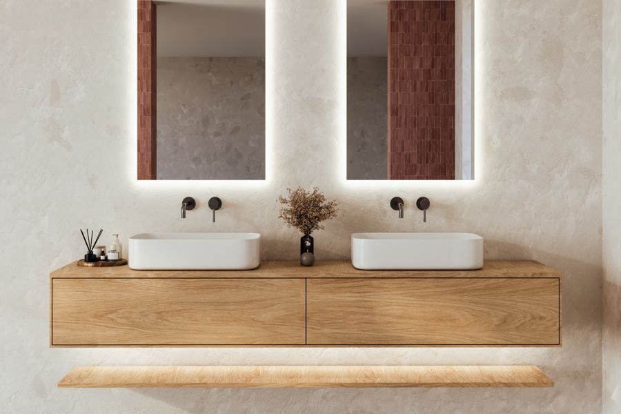 Floating double oak vanity with backlit mirrors